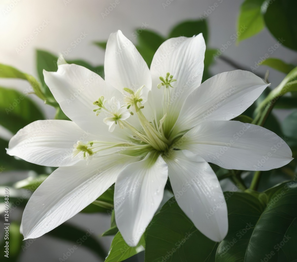 White vanilla flower with visible stamen and lush green leaves in natural light, beauty product, summer bloom, aromatherapy , relaxation, sunlight White vanilla flower with visible stamen and lush green leaves in natural light, beauty product, summer bloom, aromatherapy , relaxation, sunlight