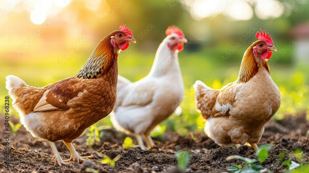 Fototapeta premium Freerange chickens in soft morning light on a scenic farm