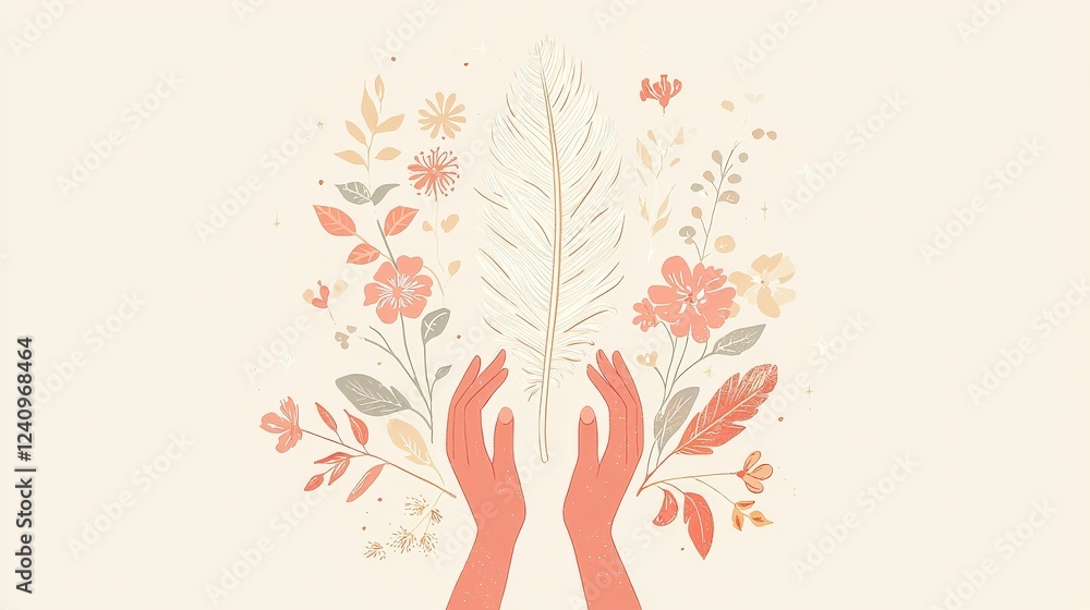 Obraz premium Simple Illustration of Two Hands Holding Up a Feather Surrounded by Delicate Floral Elements in Soft Colors