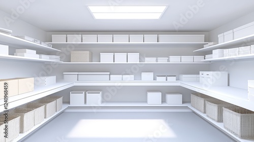 Modern storage room with sleek white shelves and organized bins.