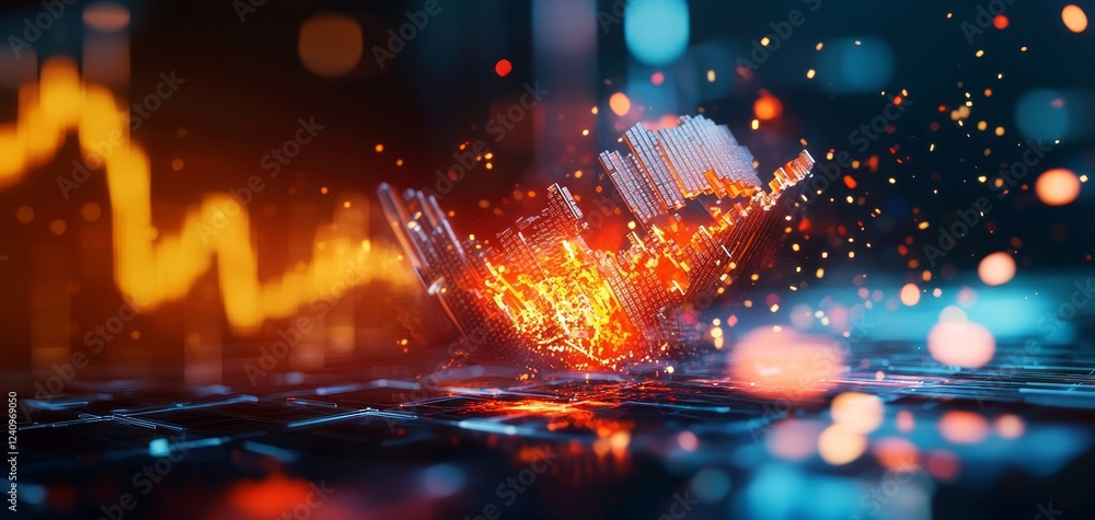 Fototapeta premium A vibrant digital scene featuring dynamic light effects and a glowing graph, symbolizing financial growth and technological advancement.
