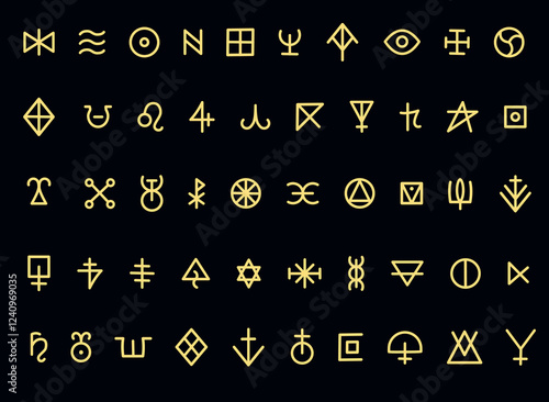 Golden Esoteric Glyph Set. Ancient Mystical Runes and Symbols of Hidden Knowledge