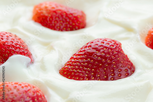 Strawberry Fruit On Yogurt. Close up photo