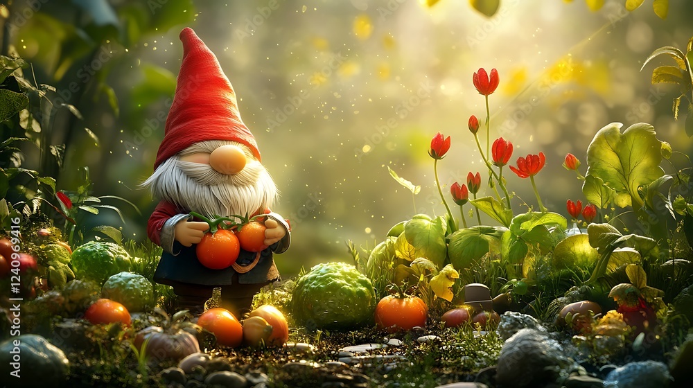 Garden Gnome with Red Hat Holds Tomatoes Garden Gnome with Red Hat Holds Tomatoes