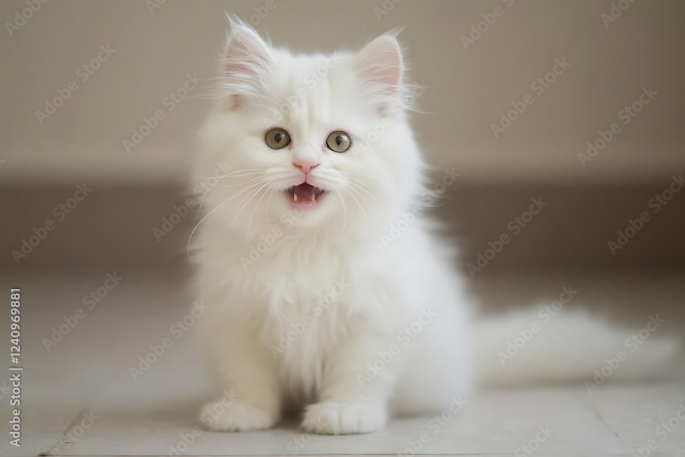 A white fluffy kitten sits on the floor, looks at the camera and meows A white fluffy kitten sits on the floor, looks at the camera and meows