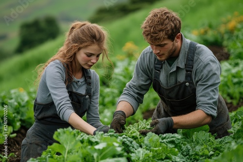 Wallpaper Mural A young couple harvests fresh green leafy vegetables from their farm, showcasing teamwork and sustainable agriculture. Torontodigital.ca