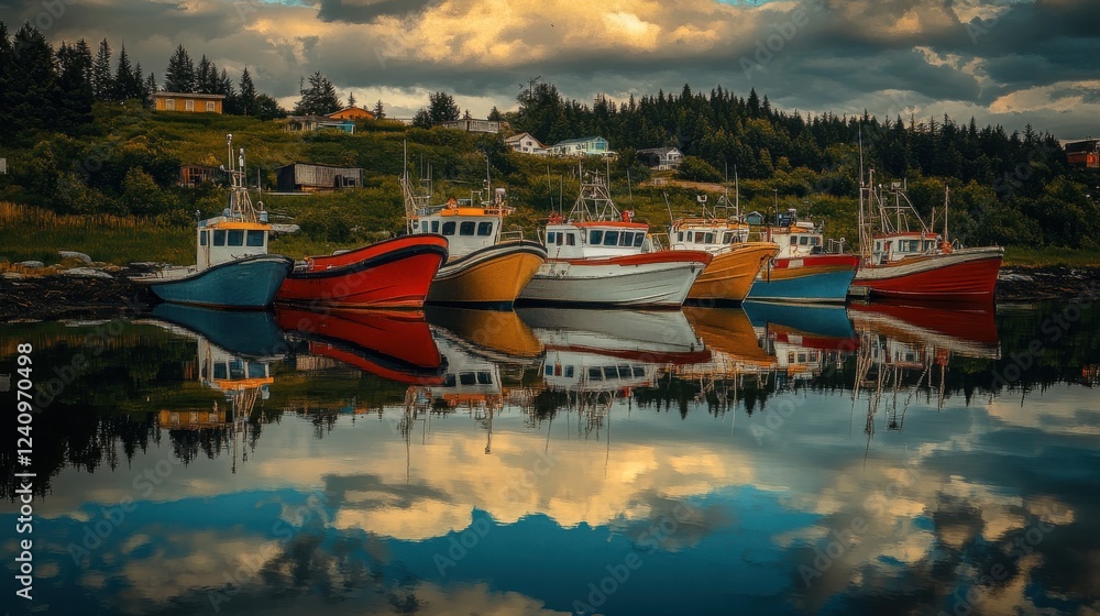 Fototapeta premium Colorful Fishing Boats Reflected in Tranquil Water Under Clouds