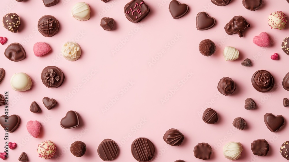 A Symphony of Hearts: A Delightful Collection of Exquisite Chocolate Hearts, Beautifully Displayed on a Pastel Pink Surface, Creating a Scene of Pure Romance and Sweet Indulgence A Symphony of Hearts: A Delightful Collection of Exquisite Chocolate Hearts, Beautifully Displayed on a Pastel Pink Surface, Creating a Scene of Pure Romance and Sweet Indulgence