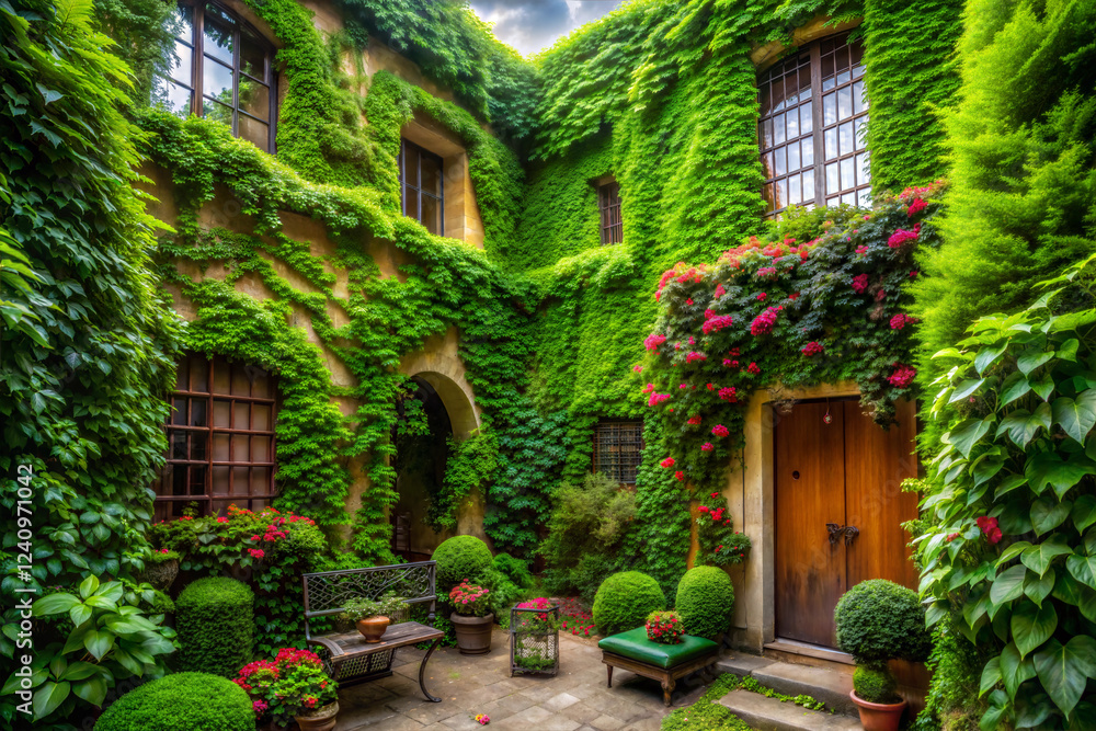 Fototapeta premium Lush Vine-Covered Walls in a Secret Garden