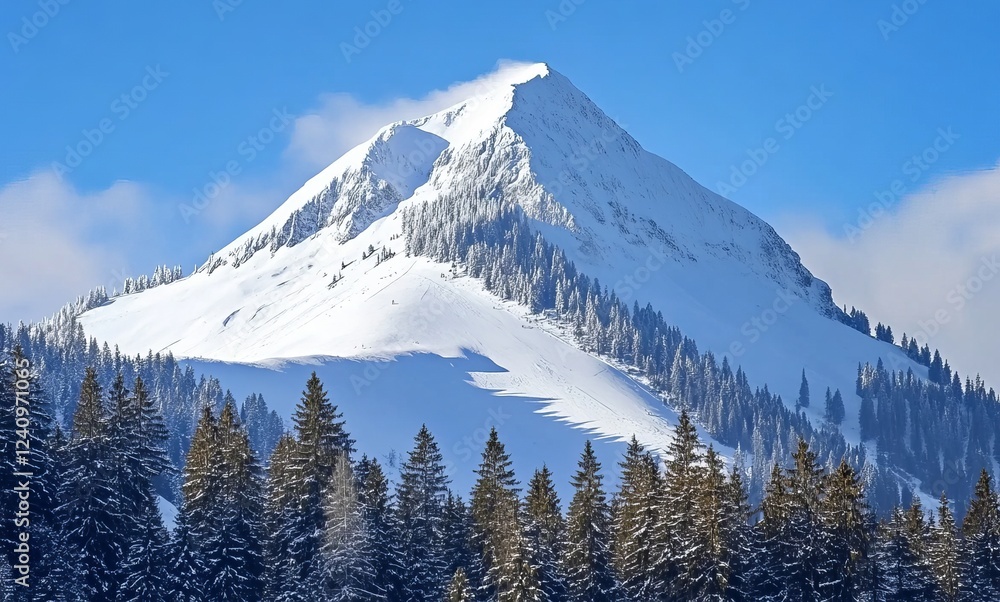 A snow-covered mountain in the Alps with pine trees, a ski slope visible on the top, a clear blue sky, shot from a distance mount hood state A snow-covered mountain in the Alps with pine trees, a ski slope visible on the top, a clear blue sky, shot from a distance mount hood state