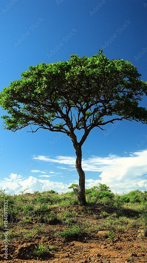 Obraz premium HD Phone Wallpaper Serene Landscape Single Green Tree against a Vivid Blue Sky and Fluffy Clouds