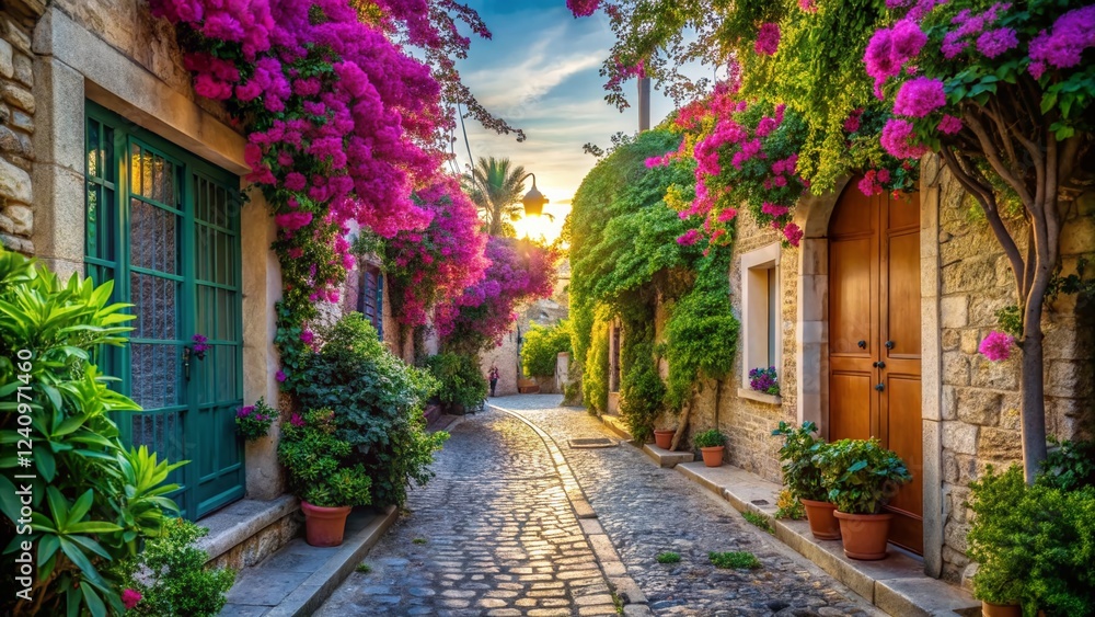 Naklejka premium Charming Limassol Cobblestone Alleyway: Sunlight, Bougainvillea, and Lush Greenery