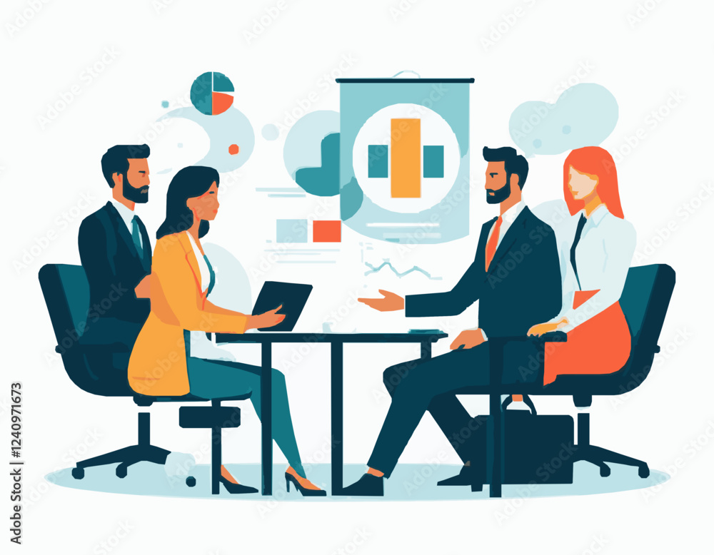 Business Meeting with Team of Diverse Professionals - Vector Graphic