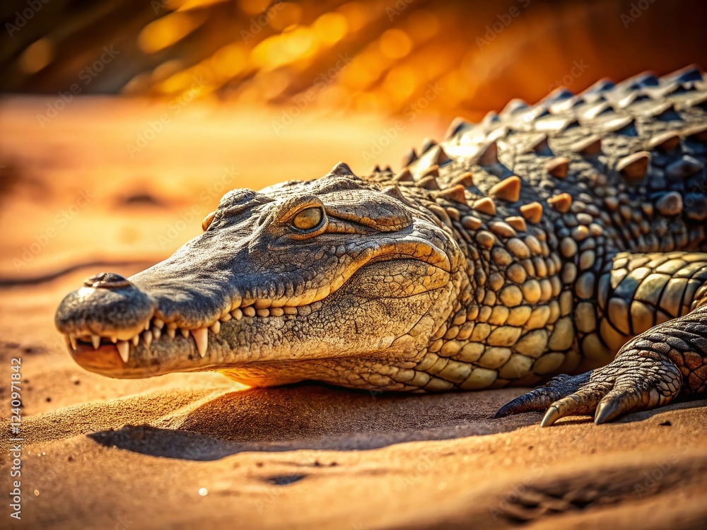 Fototapeta premium Aerial View of African Crocodile Resting in Desert Sand