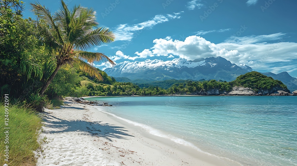 Fototapeta premium Tropical Beach with Mountains and Palm Trees