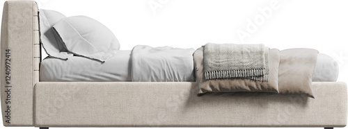 Side view of double bed with headboard and blanket