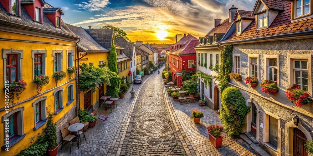 Fototapeta premium Aerial View of Charming Old Town Street, Cobblestone Road, Historic Architecture, Drone Photography