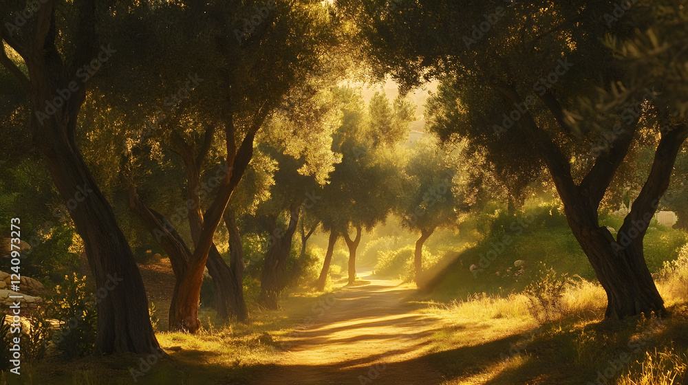 Obraz premium A photo of an olive grove with soft sunlight and earthy shadows.