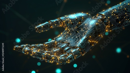 Futuristic Robotic Hand Representing Artificial Intelligence with Digital Circuit Patterns and Glowing Connections