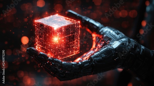 Glowing Cube Held by Robotic Hand Showcasing Advanced Artificial Intelligence Technology and Digital Innovation