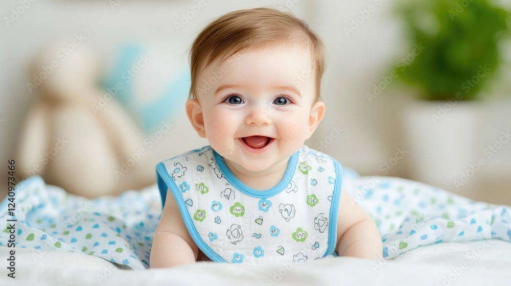 Happy baby boy tummy time, nursery background Happy baby boy tummy time, nursery background