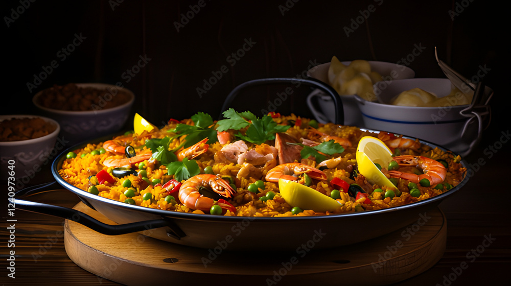 A_Spanish_paella_filled_with_fresh_seafood_saffron A_Spanish_paella_filled_with_fresh_seafood_saffron