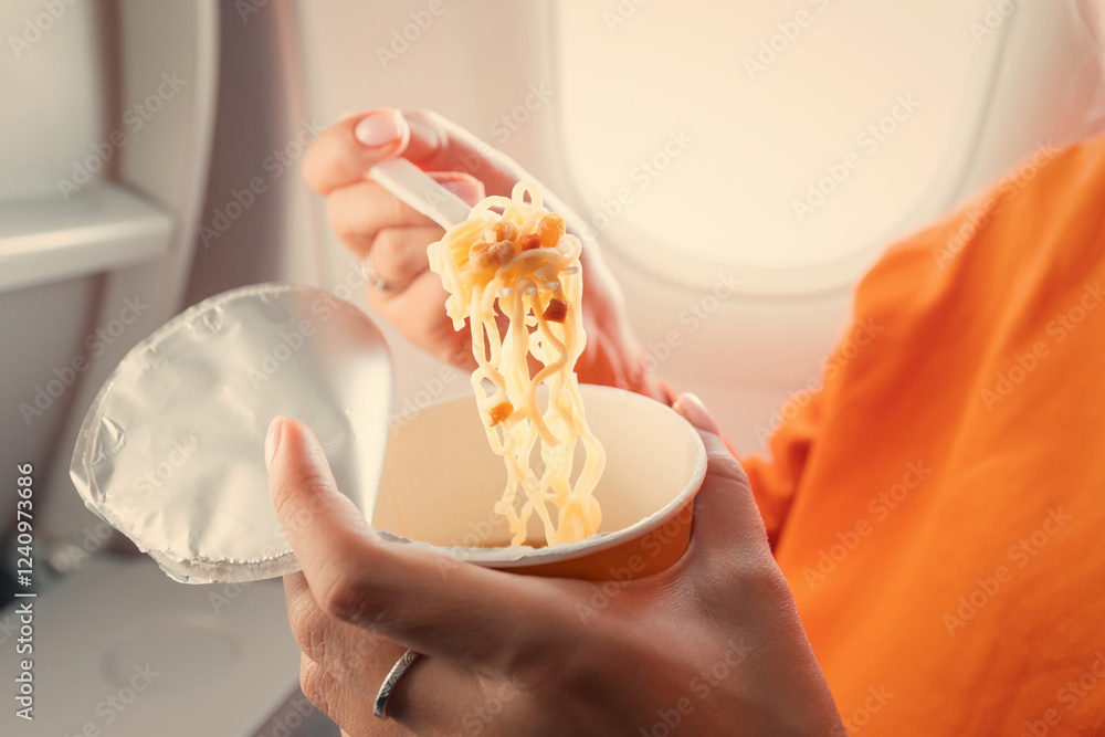 Person savoring instant noodles while seated on a flight