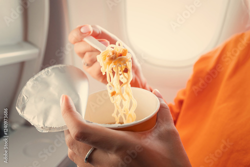 Obraz na płótnie Person savoring instant noodles while seated on a flight w salonie