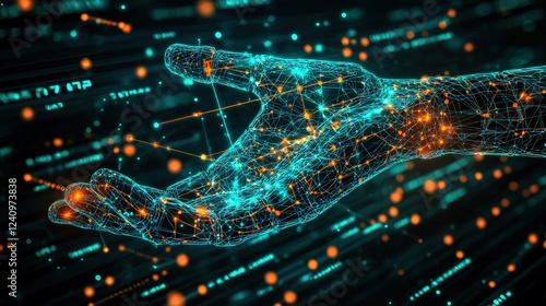 Hand Crafted by Artificial Intelligence Creating a Hologram in a Futuristic Digital Landscape with Data Visualizations