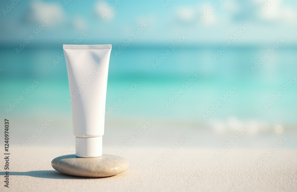Spf cream mockup. White tube of sunscreen on beach sand with sunny sea shore on background. Summer tourism. Cosmetic product promotion. Banner, copy space. Travel and vacation. Skin protection. Spf cream mockup. White tube of sunscreen on beach sand with sunny sea shore on background. Summer tourism. Cosmetic product promotion. Banner, copy space. Travel and vacation. Skin protection.
