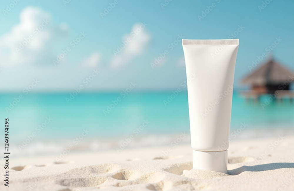 Spf cream mockup. White tube of sunscreen on beach sand with sunny sea shore on background. Summer tourism. Cosmetic product promotion. Banner, copy space. Travel and vacation. Skin protection. Spf cream mockup. White tube of sunscreen on beach sand with sunny sea shore on background. Summer tourism. Cosmetic product promotion. Banner, copy space. Travel and vacation. Skin protection.