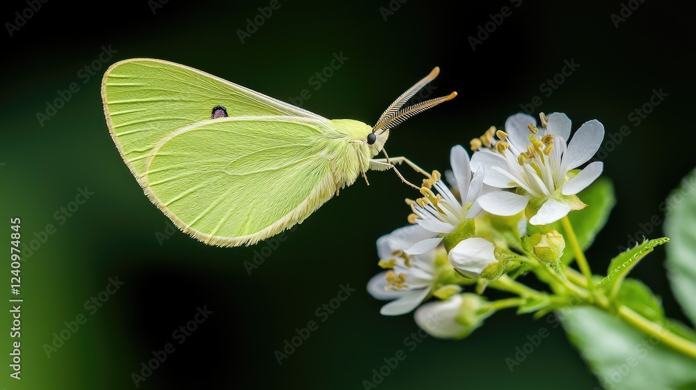 Pale Green Butterfly on White Flowers, Nature Closeup Pale Green Butterfly on White Flowers, Nature Closeup