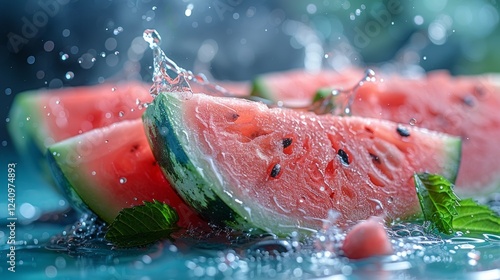 Fresh watermelon slices with a splash of water: great for summer ad campaigns, healthy eating blogs, articles about seasonal produce. photo