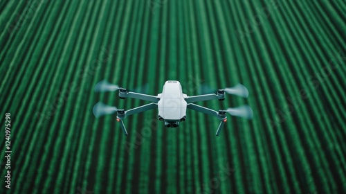 Smart agricultural drone with advanced technology flying over green fields analyzing crop health and data for precision farming and sustainable agriculture photo