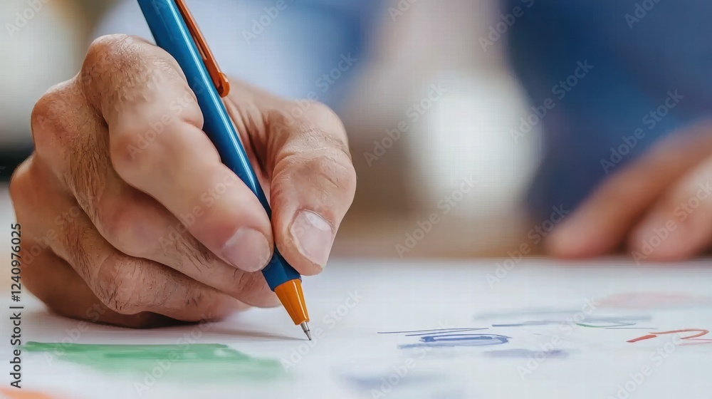 Close-Up of Hand Holding Blue Pen Over White Paper with Drawings Close-Up of Hand Holding Blue Pen Over White Paper with Drawings