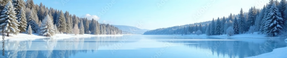 A frozen lake with surrounding evergreen trees and a clear blue sky, frozen lake, serene landscape, frozen water A frozen lake with surrounding evergreen trees and a clear blue sky, frozen lake, serene landscape, frozen water