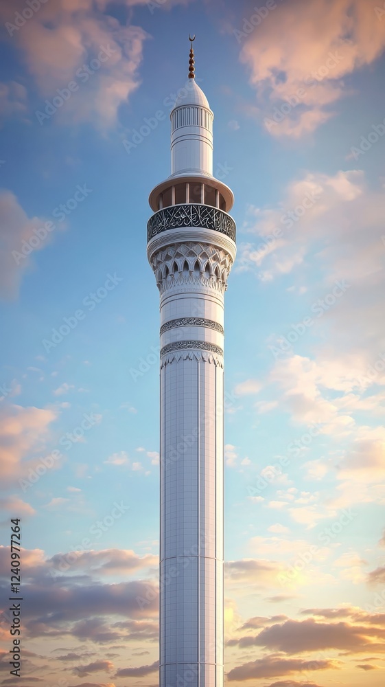Majestic Minaret Islamic Architecture Tall White Mosque Tower Against a Sunset Sky Majestic Minaret Islamic Architecture Tall White Mosque Tower Against a Sunset Sky