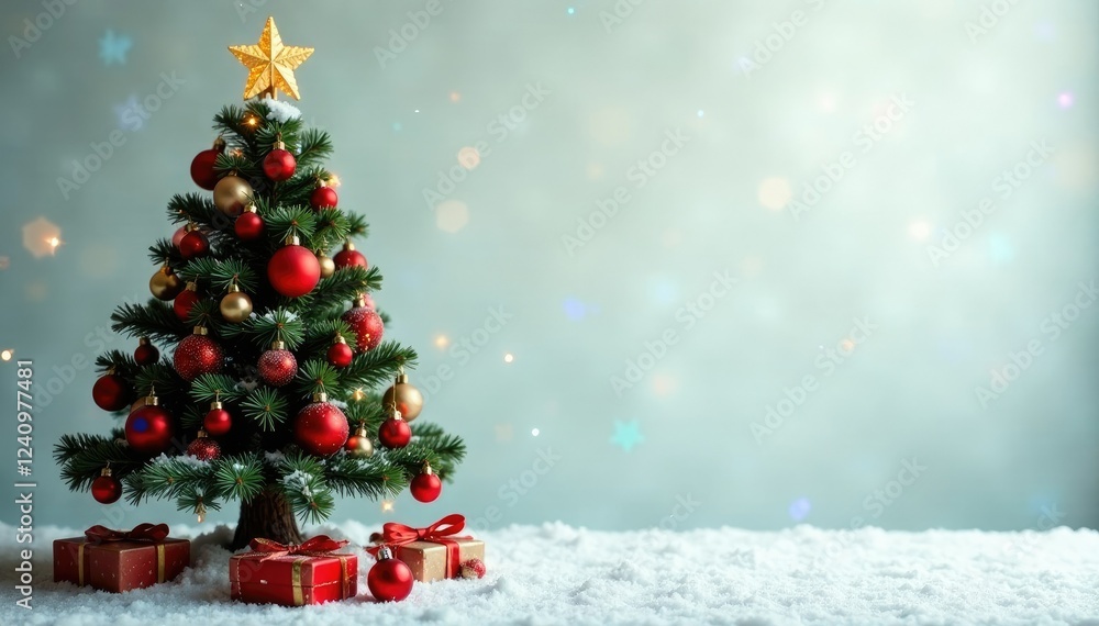 Fototapeta premium Decorated Christmas tree with festive ornaments, snowflake, red