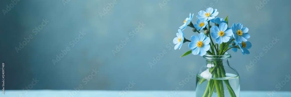 Fototapeta premium delicate blue forget me not flowers in a glass vase, flowers, wildflowers, vase