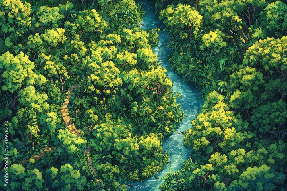 Lush Green Forest Path Beside a Winding River Lush Green Forest Path Beside a Winding River