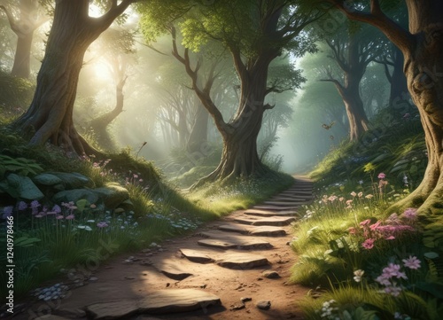 Whimsical fairy path in a magical woodland setting, fantasy, woodland, enchanting photo