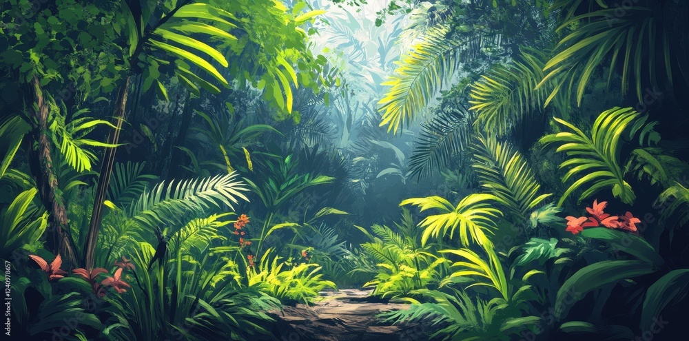 Fototapeta premium Lush Tropical Rainforest Path Sunlight Dappled Greens