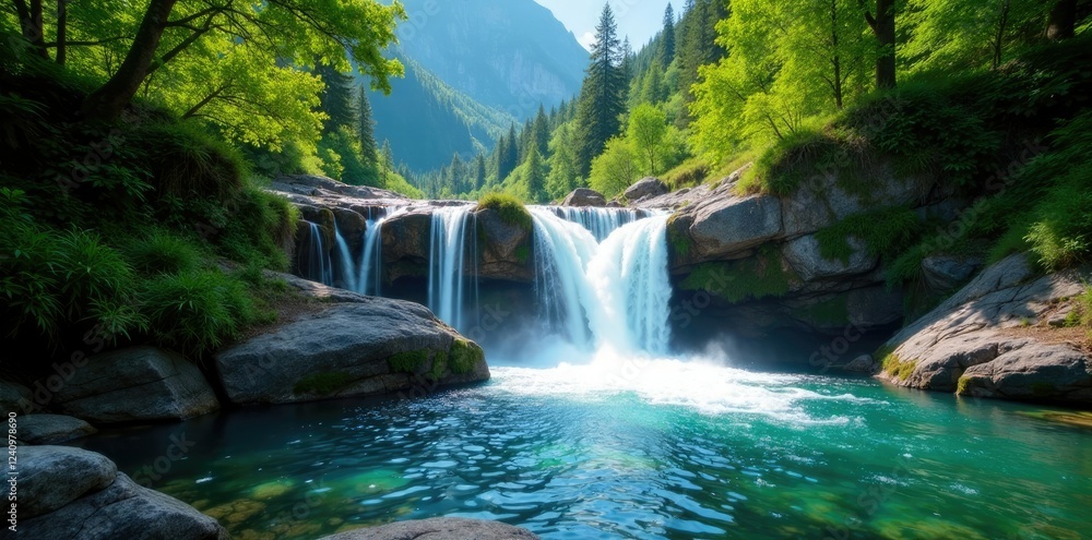 Fototapeta premium Misty waterfall cascading into crystal clear mountain river, forest, nature