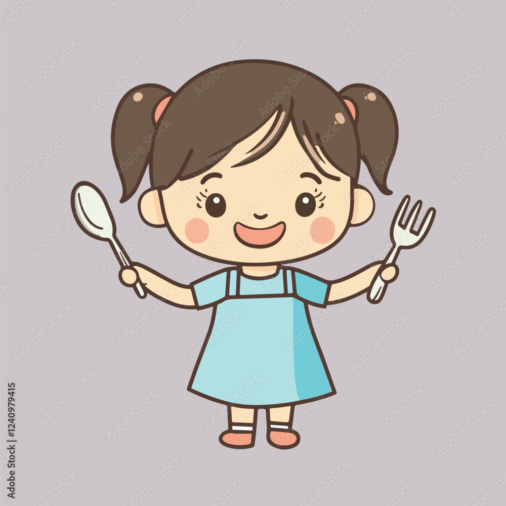 Chef girl with fork and spatula cartoon vector illustartion Chef girl with fork and spatula cartoon vector illustartion