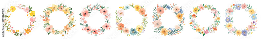 Obraz premium PNG Colorful floral wreaths collection, element set on transparent background