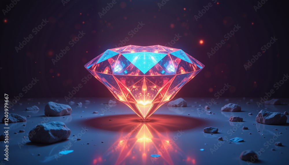 Glowing diamond icon reflecting colorful light, luxury elegance Glowing diamond icon reflecting colorful light, luxury elegance