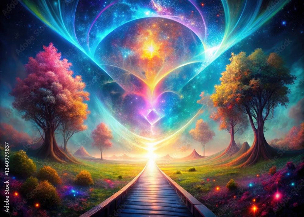 Fototapeta premium Abstract shapes and vibrant hues create a surreal dreamscape, a mystical V subtly emerging.