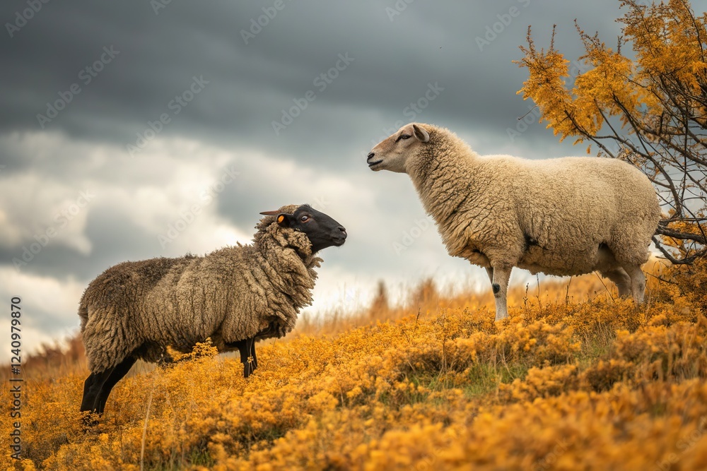 Fototapeta premium Sheep in a golden field, autumn's colors stark and striking.