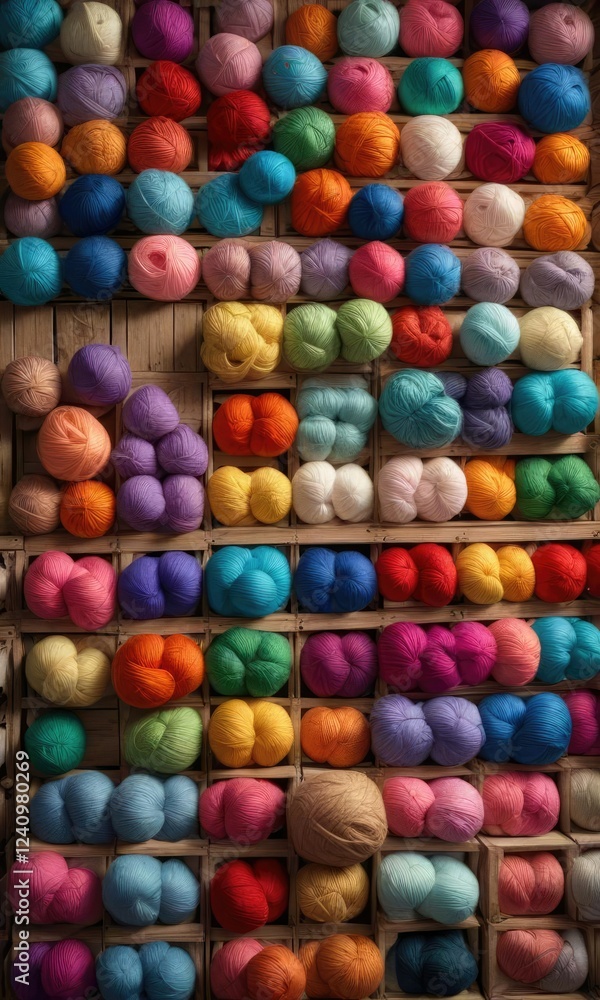 Stacked yarn balls in wooden crates arranged in a random pattern, wooden crates, storage solutions Stacked yarn balls in wooden crates arranged in a random pattern, wooden crates, storage solutions