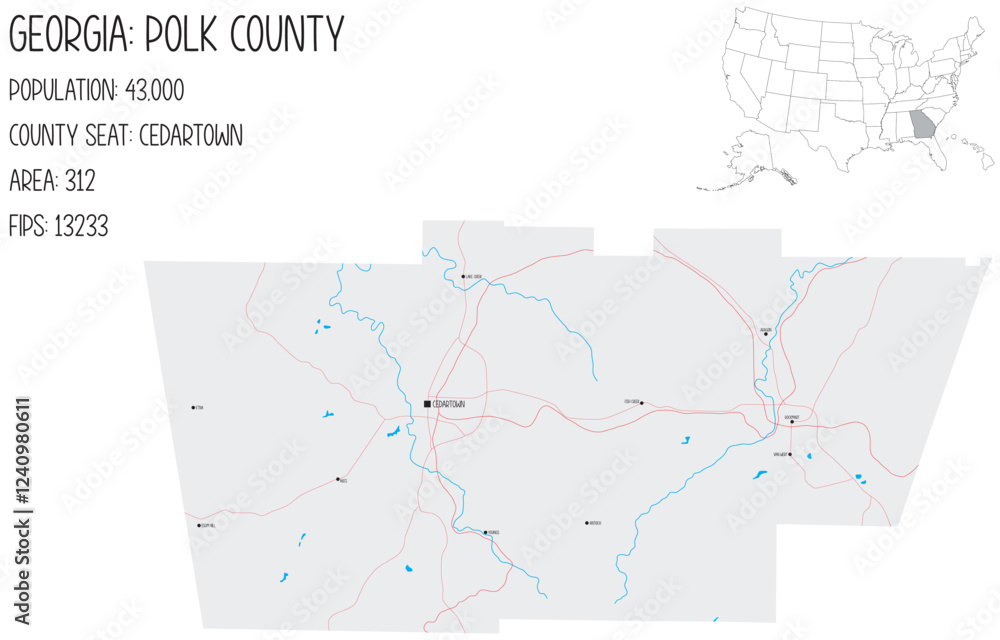 Fototapeta premium Large and detailed map of Polk County in Georgia, USA.